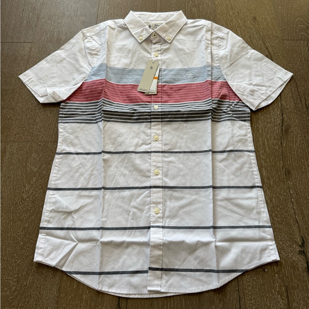 Original Penguin Men's Striped Short Sleeve Shirt - White, Gray, and Red